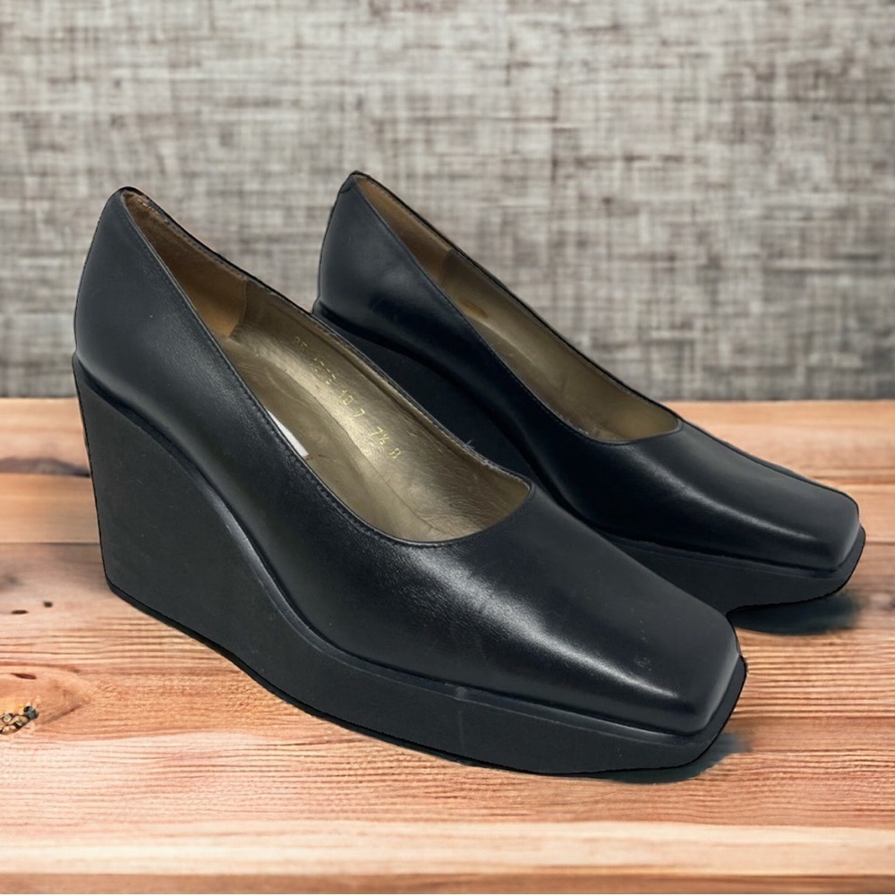 Sacha London Black Leather Square Toe Wedge Shoes Size 7